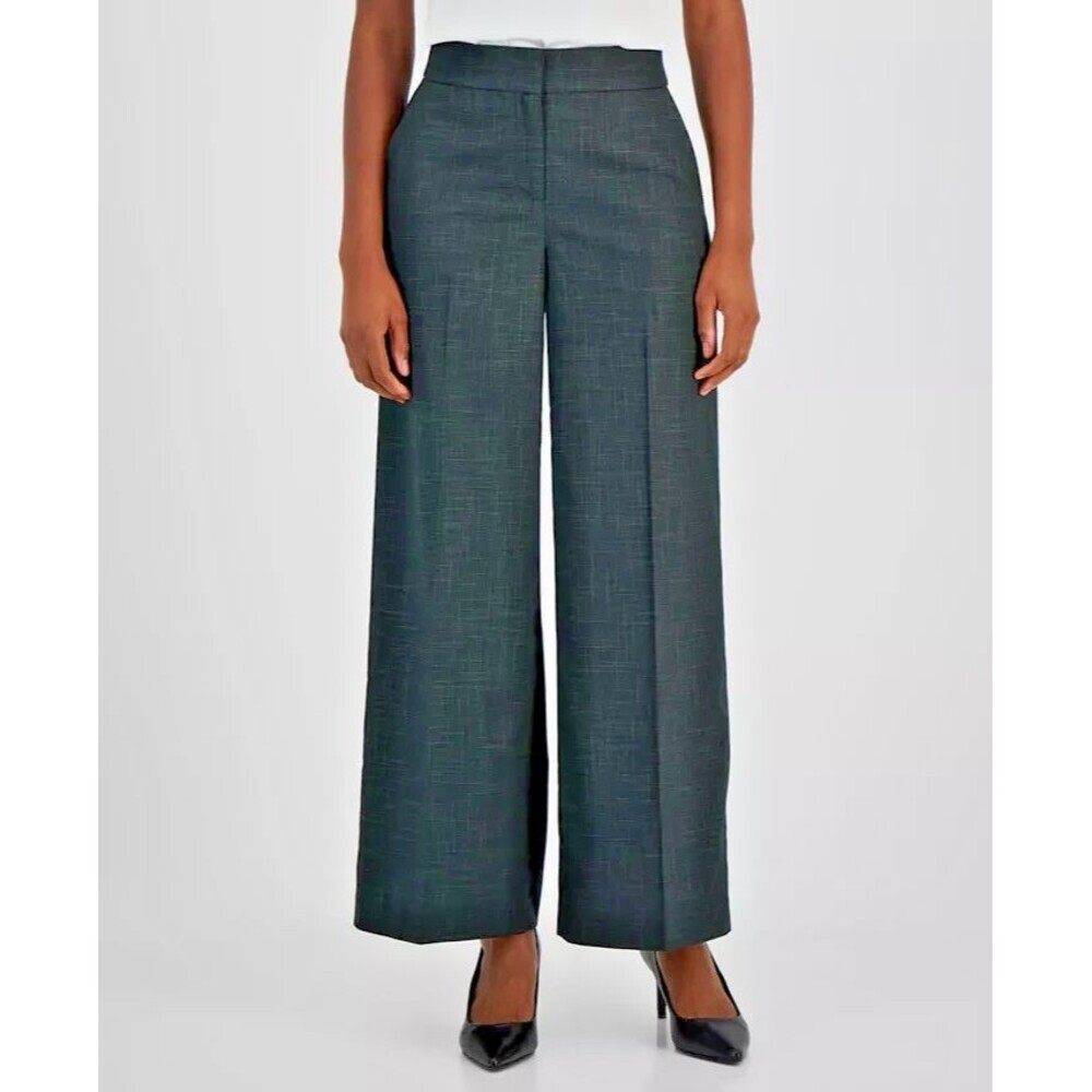 Tahari ASL Women's Trendy Mid-Rise Wide-Leg Pants Formal Chic Dark Green Size 14